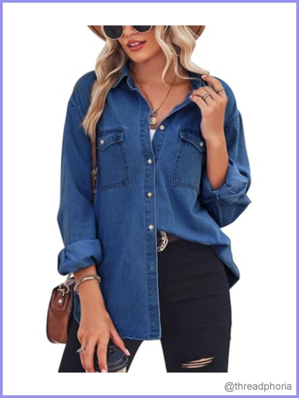 Women's Long Sleeve Cotton Denim Button Down Shirt Business Casual Office Top